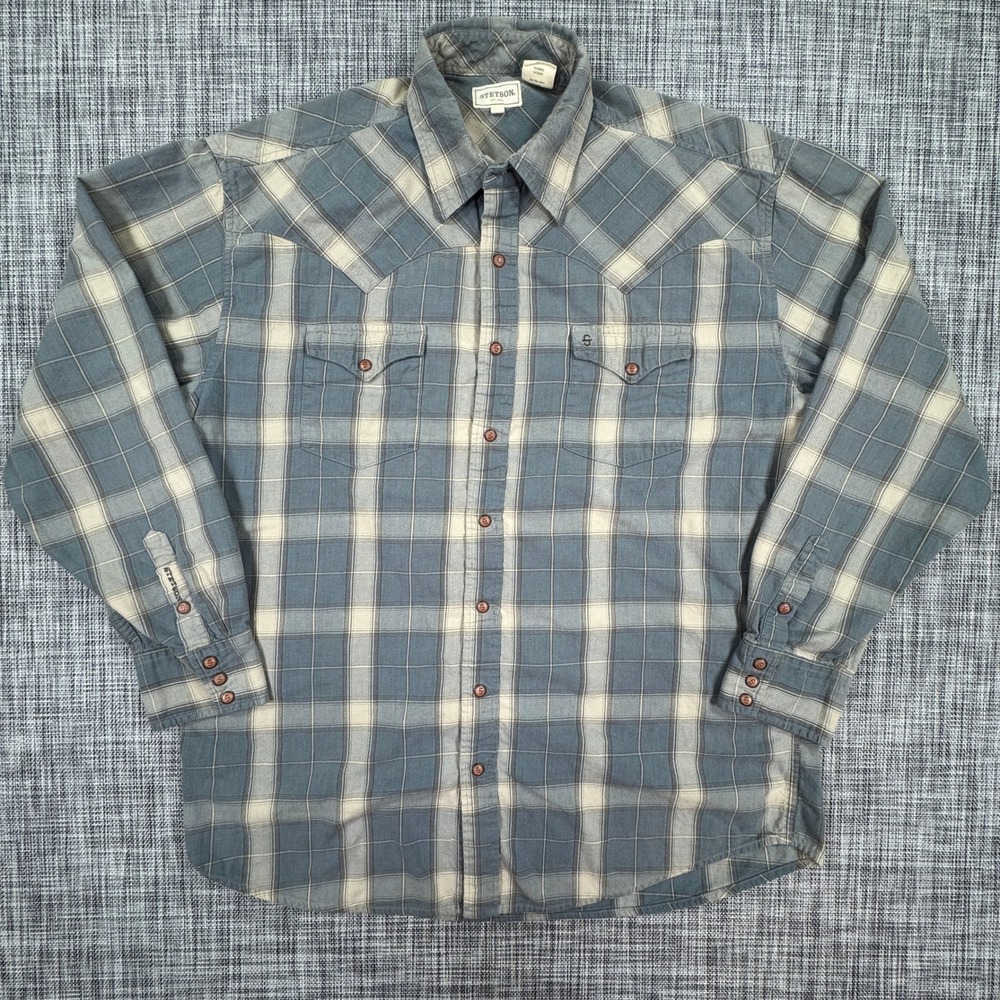 Stetson Mens XL Western Plaid Button Front Shirt Blue Cream Cotton Long Sleeve